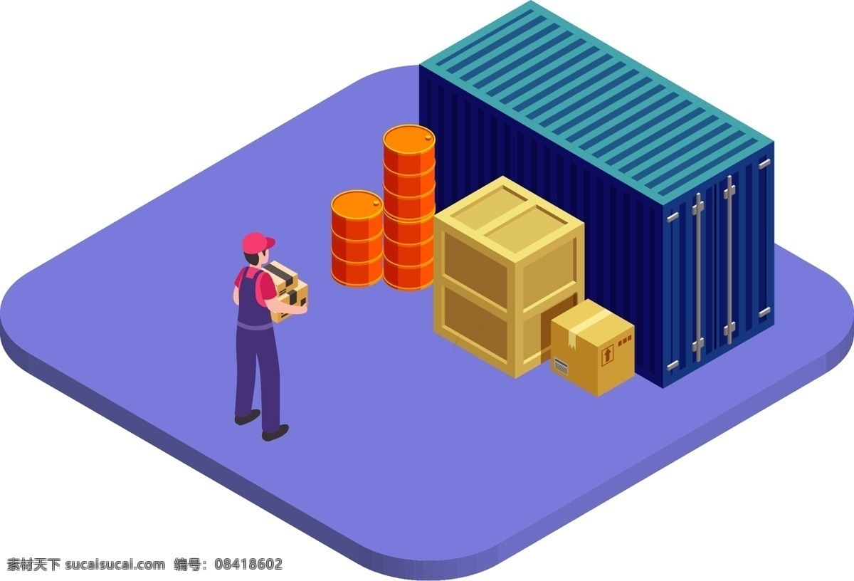 d 轴 测 图 仓库 2.5d 轴测图 立体 工人 搬运工 工厂 工业 现代化 城市 集装箱 箱子 物流 交通运输