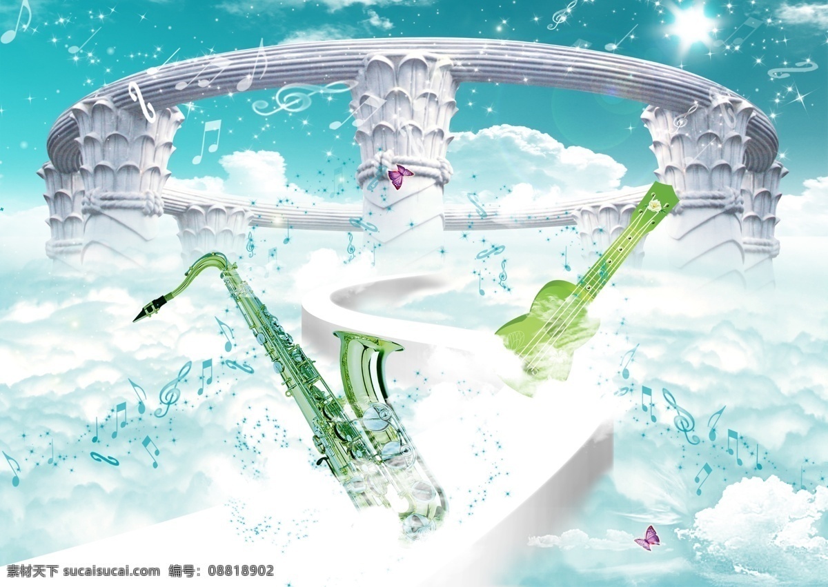 音乐 殿堂 蝴蝶 吉他 乐器 路 萨克斯 石柱 天空 阳光 音符 音乐殿堂 云 柱子 psd源文件