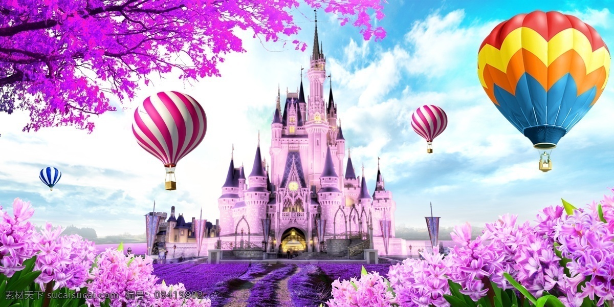 熏衣草城堡 熏衣草 城堡 热气球 樱花树 天空蓝天 共享 自然景观 自然风光