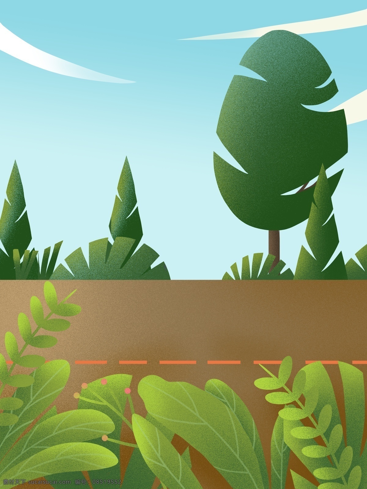 户外 风景 绿色 天空 道路 植物 卡通 彩色 创意 装饰 背景 设计背景 海报背景 简约 图案