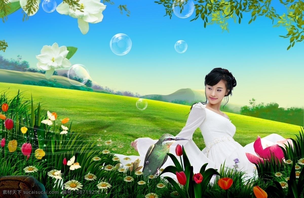 美女与风景 美女 风景 景色 微笑 天使 女性 人物 美景 花朵 花 小鸟 花瓣 背景 底图 分层 源文件库