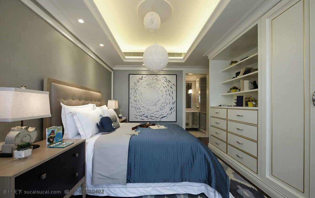 简约 卧室 台灯 装修 效果图 白色射灯 床铺 床头柜 方形吊顶 个性吊灯 灰色衣柜