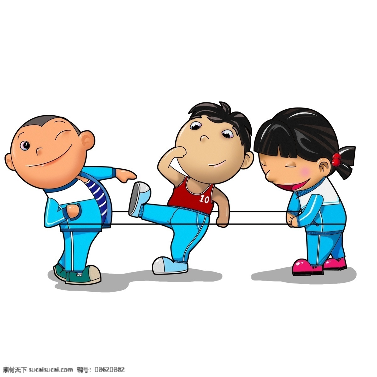 卡通 体育课 跳绳 三个 小孩 学生 人物 插画 彩绘 体育 儿童 童年