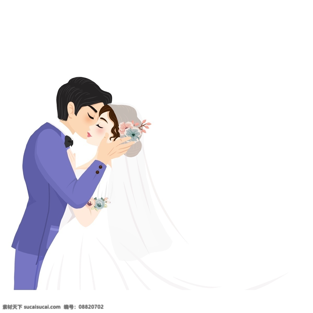 幸福 新郎 新娘 商用 元素 卡通 清新 插画 人物 接吻 婚礼季