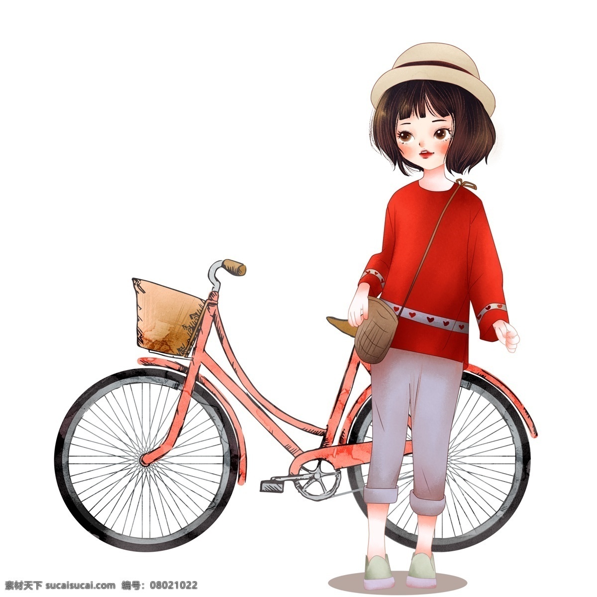 彩绘 唯美 女孩 自行车 美女 插画 psd设计 文明出行