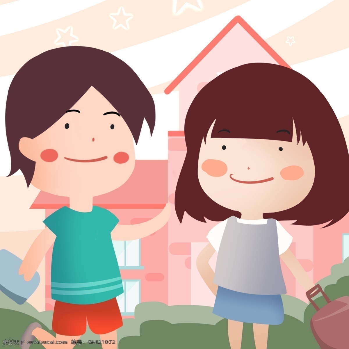 开学季插画 学校 草地 插画 小清新 banner 开学 行李 男孩 女孩 大学 校园 天空 手机配图 闪屏 启动页 壁纸 微信配图 原创