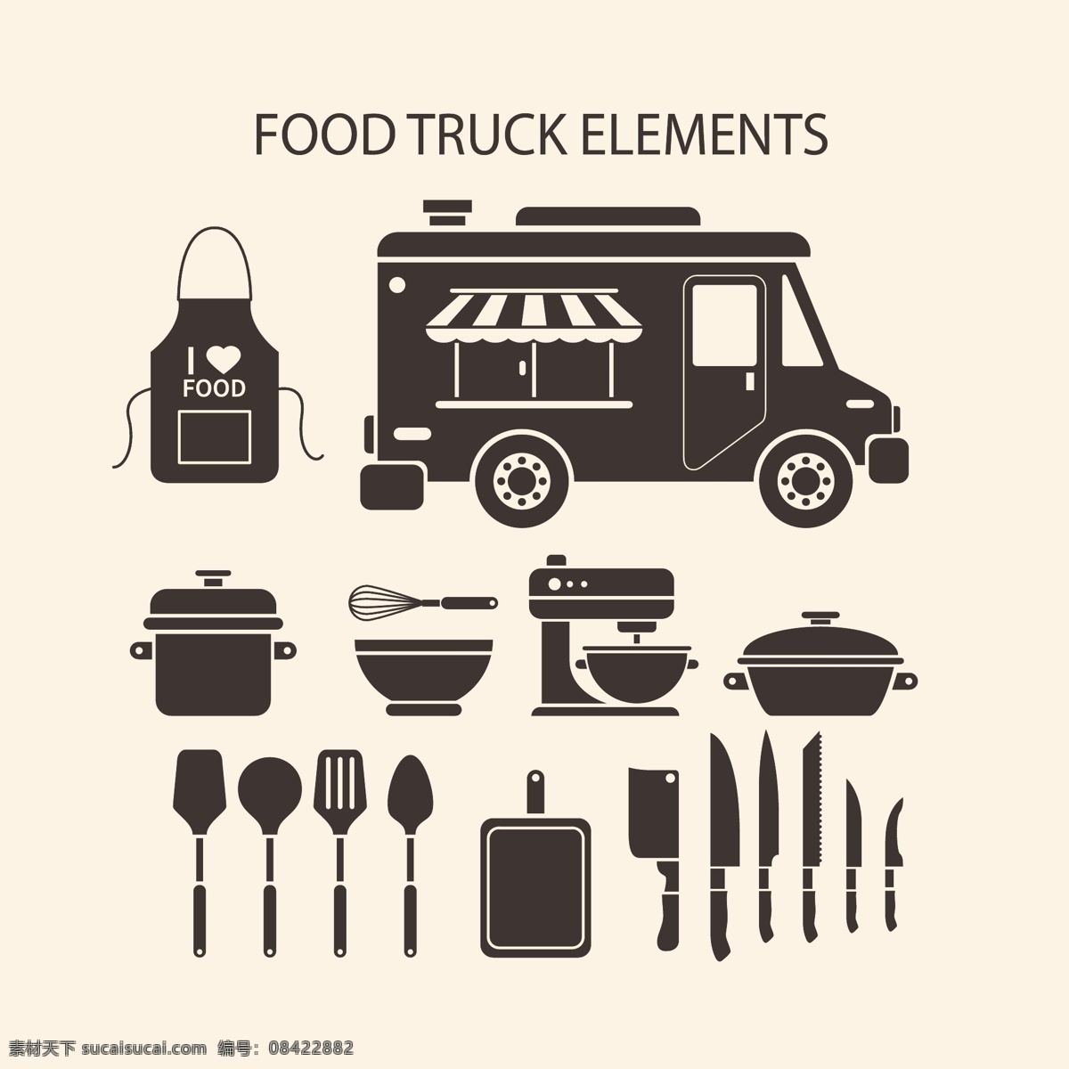 老式卡车元素 餐具 厨房 食物 美食 车 老式卡车 卡车 砂锅 铲子 菜刀