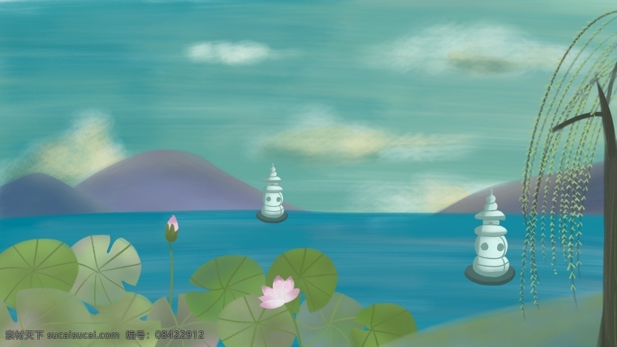 清新 荷塘 广告 背景 广告背景 荷叶 山峰 荷花 灯塔 云雾 手绘
