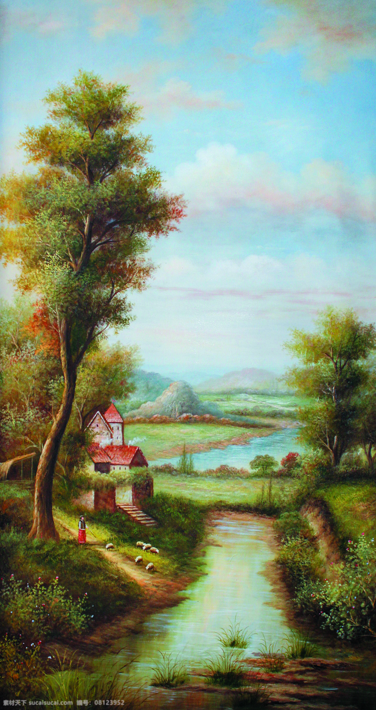 山乡人家 美术 油画 山水画 山野 房屋 人物 溪水 花草 树木 田地 文化艺术 绘画书法