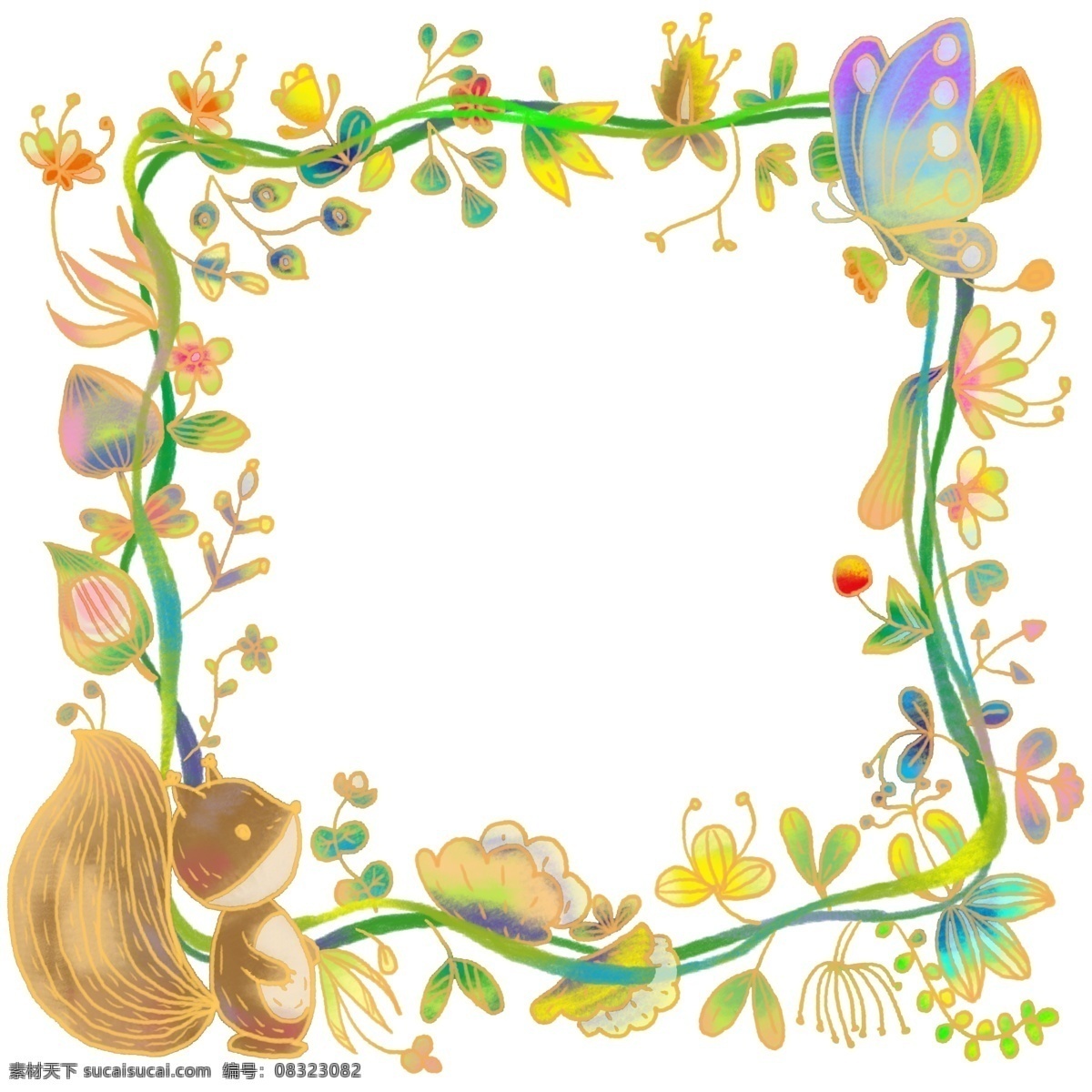 手绘 秘密花园 精致 边框 松鼠 蝴蝶 花卉 花草 绿色 植物 花边 花朵 花 金边 金色