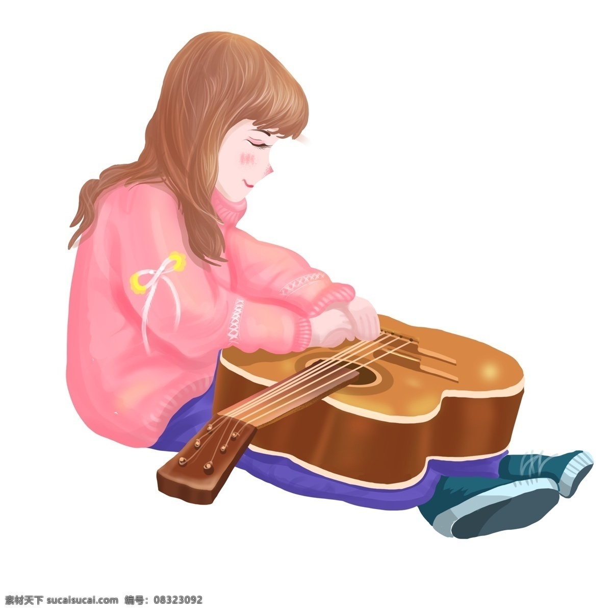 手绘 文艺 吉他 女孩 卡通 插画 女生 坐着 人物