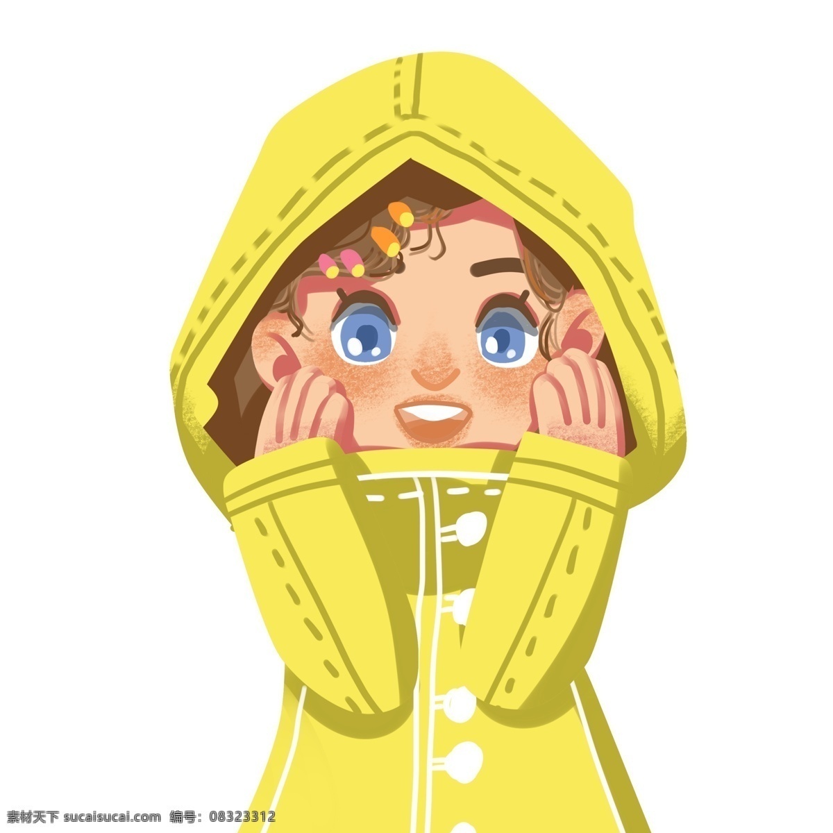 手绘 一个 穿着 雨衣 女孩 女孩儿 复古肌理 插画 女生 人物设计 大眼 微笑 高兴 黄色雨衣