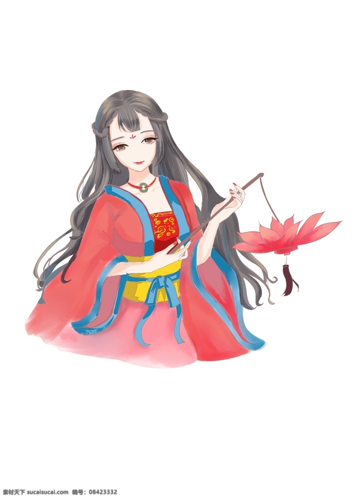 中国 风 少女 荷花 灯 美丽 可爱 中国风 长发 飘飘 荷花灯 半身人物 手账 贴纸 海报 手绘 红色衣服 包装