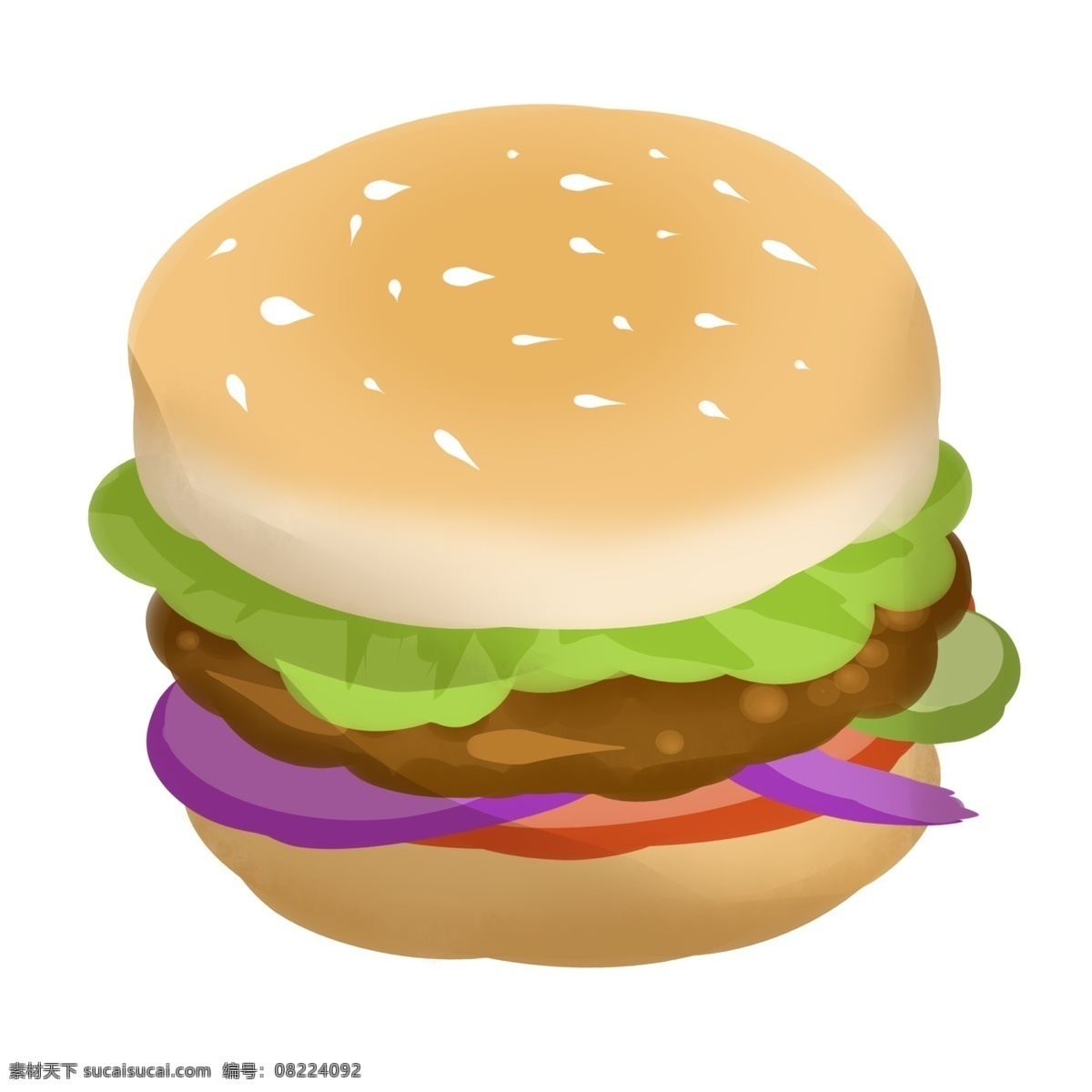 鸡腿 汉堡 巨无霸 插画 肯德基汉堡 香辣鸡腿堡 美味蟹黄包 卡通汉堡包 绿色的生菜 紫色的洋葱 黄色的面包