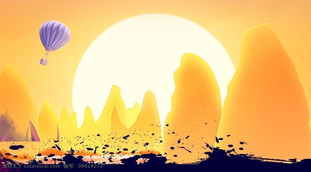 简约 大气 黄色 山水风景 插画 背景 色彩背景 黄色背景 特邀背景 通用背景 广告背景 气球