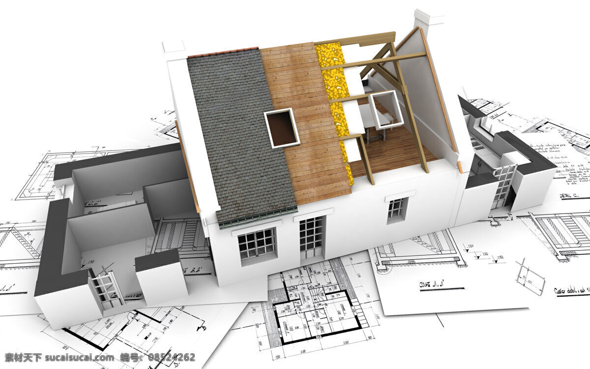 三维 建筑 cad 半 剖 创意 房屋 剖面图 图纸 背景图片