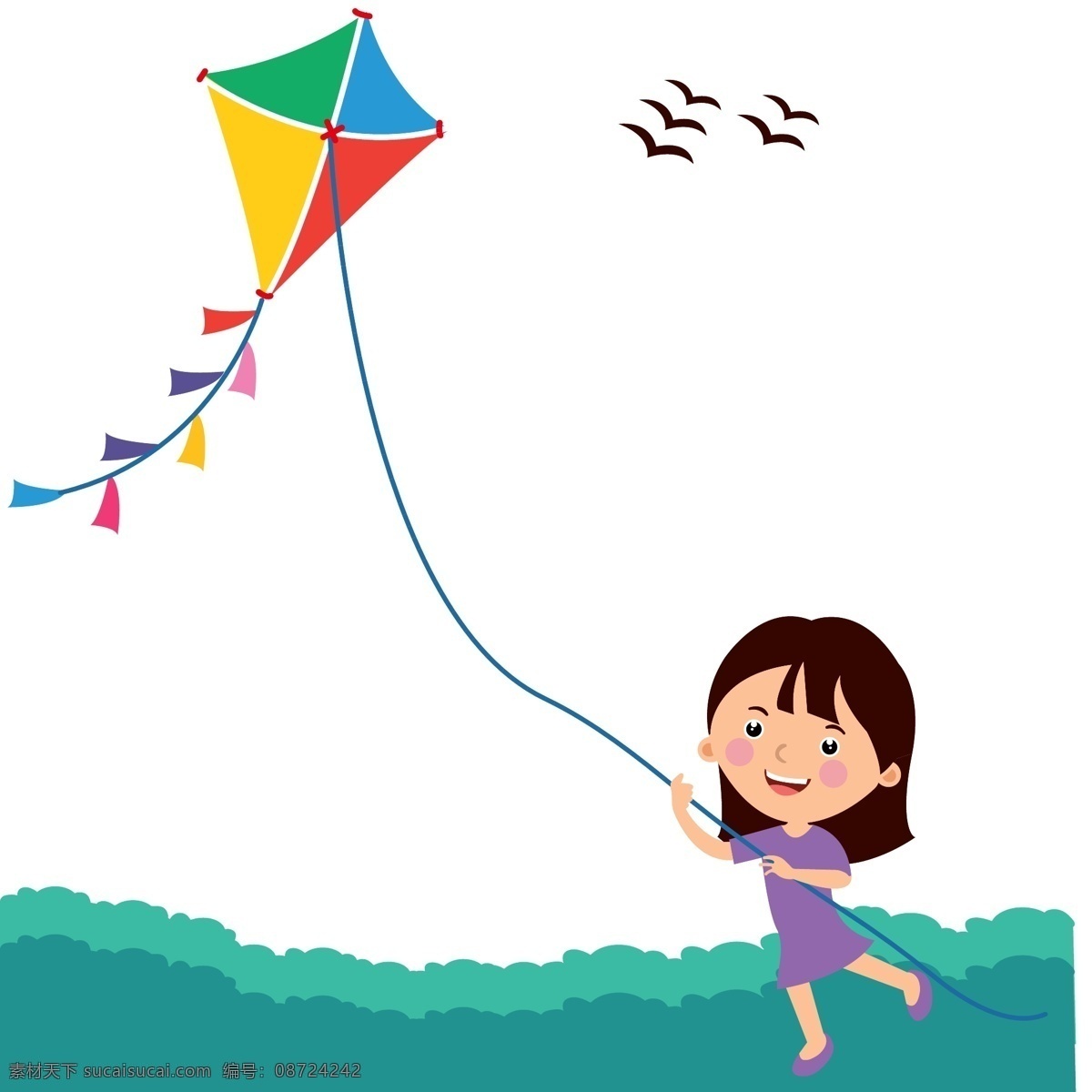 卡通 手绘 小女孩 放风筝 矢量图 女生 风筝 玩耍 草地 田野 天空 燕子 原创 简约 绿色