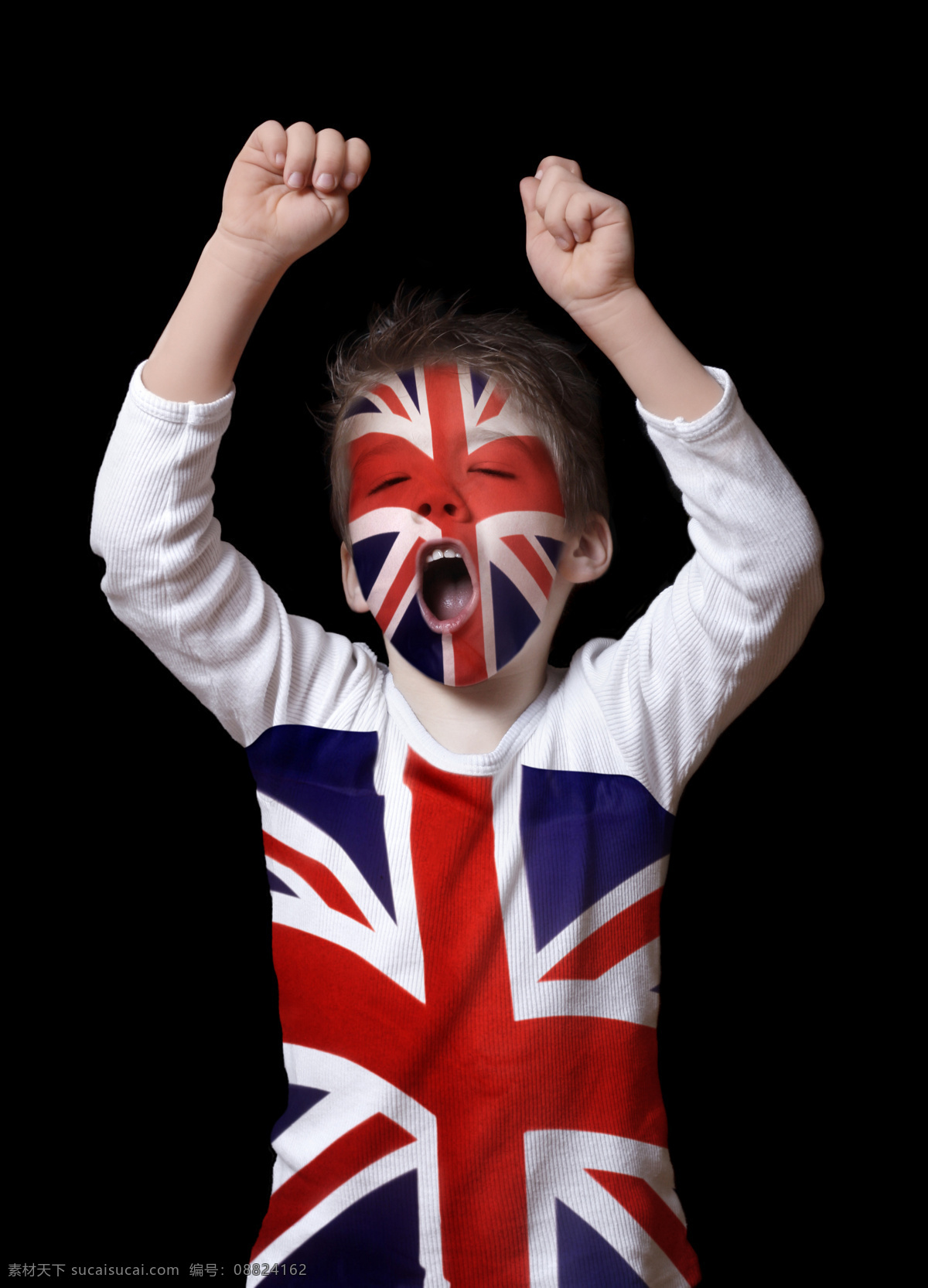足球迷 足球 疯狂 热情 英国 英国国旗 小男孩 喝彩 叫喊 体育运动 生活百科