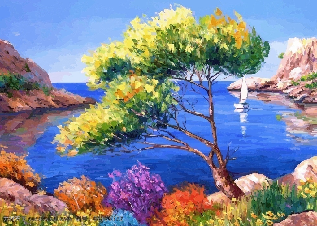 矢量风景油画 树 石头 风景 水 油画 矢量 蓝天 山水风景 自然景观