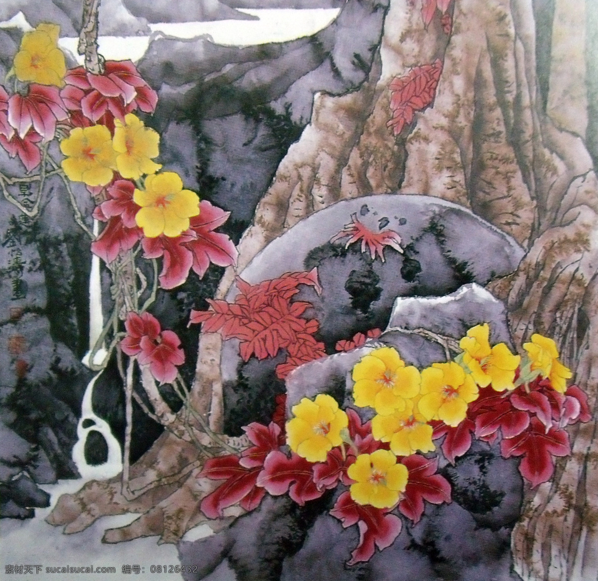 国画山水 花 红叶 黄色花瓣 小溪 中国工笔画 美术国画 水墨画 彩墨画 绘画书法 文化艺术