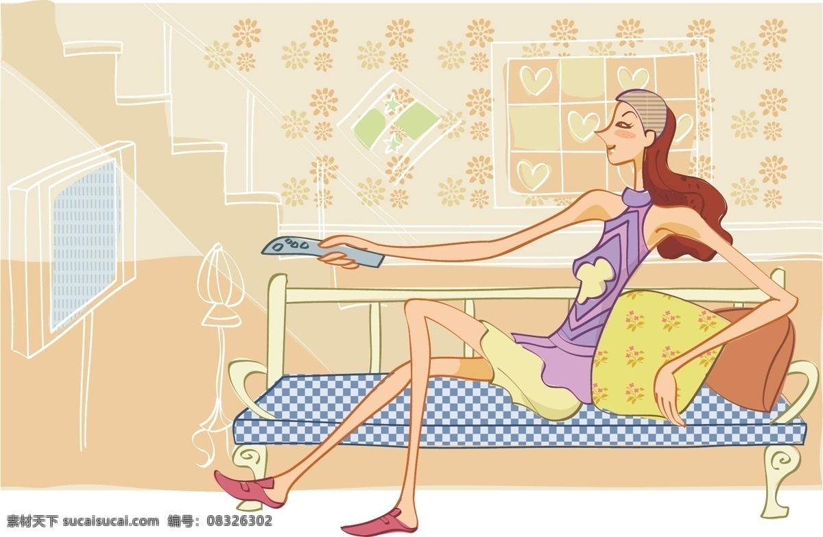 躺 沙发 上 美女 看电视 家中 矢量图 矢量人物