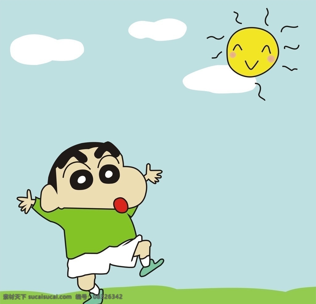 蜡笔小新 太阳 云 天空 草地 绿色 蓝色 笑 开心 动漫 卡通 蜡笔 小新 手 头 脚 眼镜 衣服 裤子 可爱 卡通动漫 儿童幼儿 矢量人物 矢量
