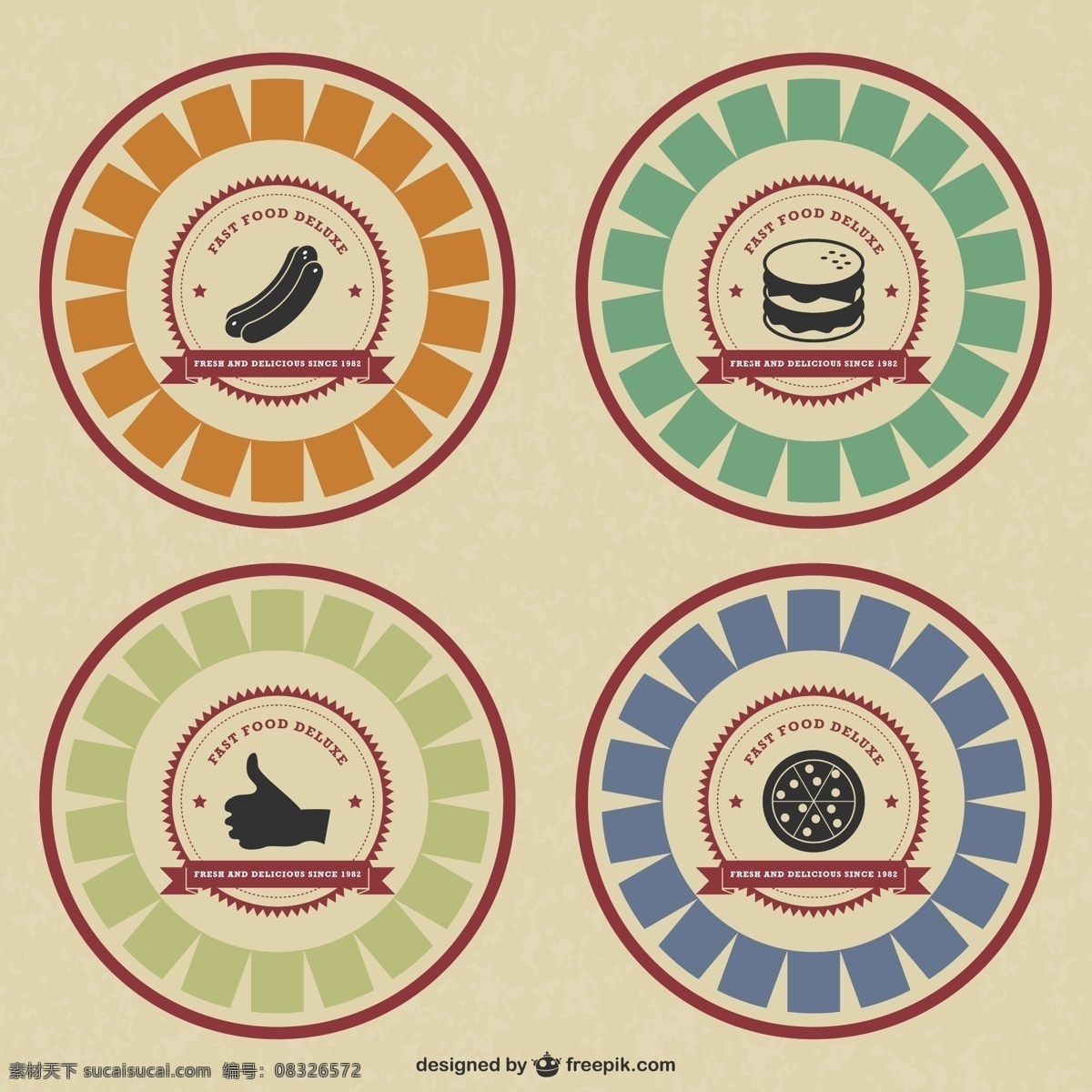 复古 风格 食品 徽章 标识 年份 图标 餐厅 比萨饼 模板 老式的标志 平面 标志 图形 布局 汉堡包 黄色