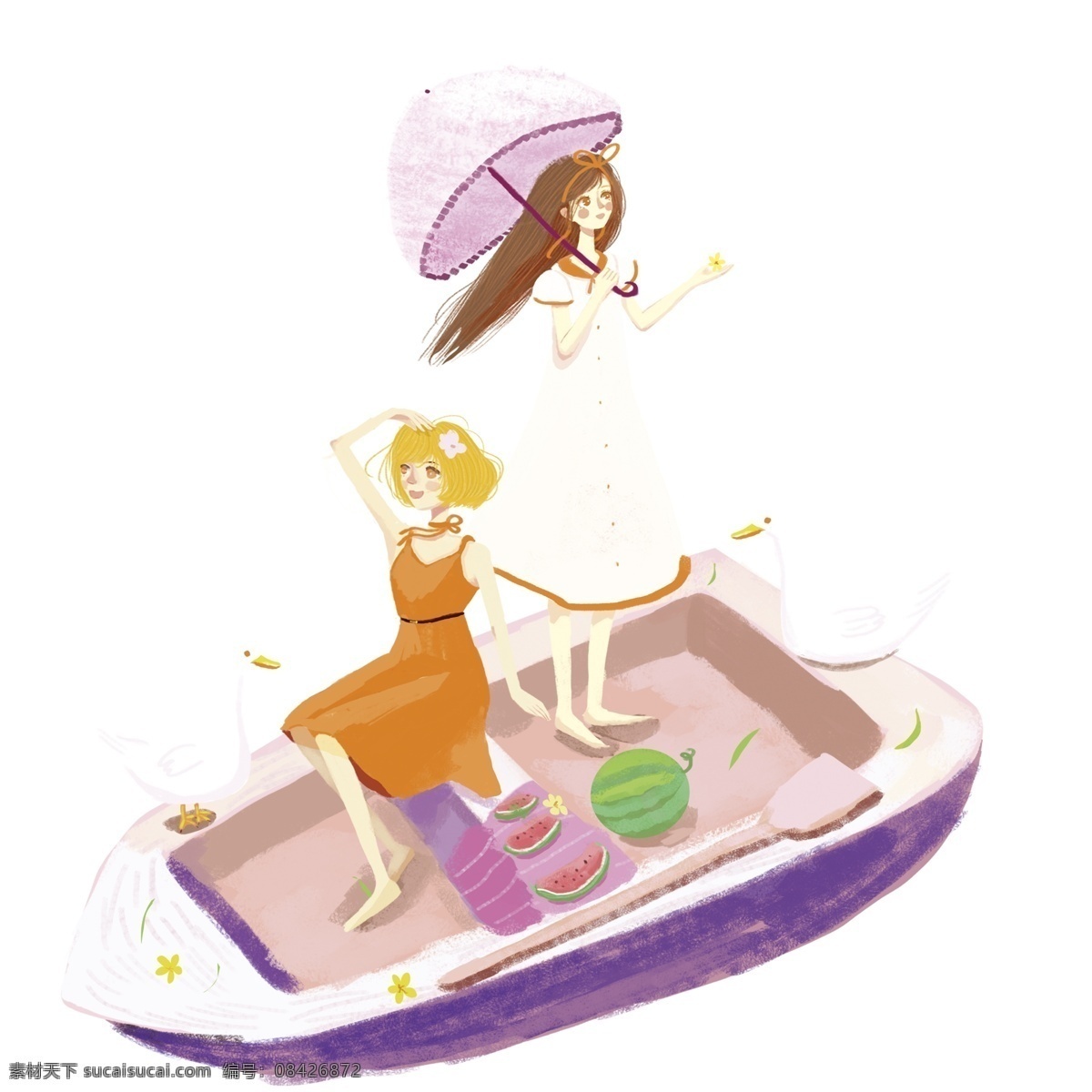 小 清新 治愈 系 两个 乘船 女孩 小清新 赎回 治愈系 插画 姐妹 闺蜜 鹅 船