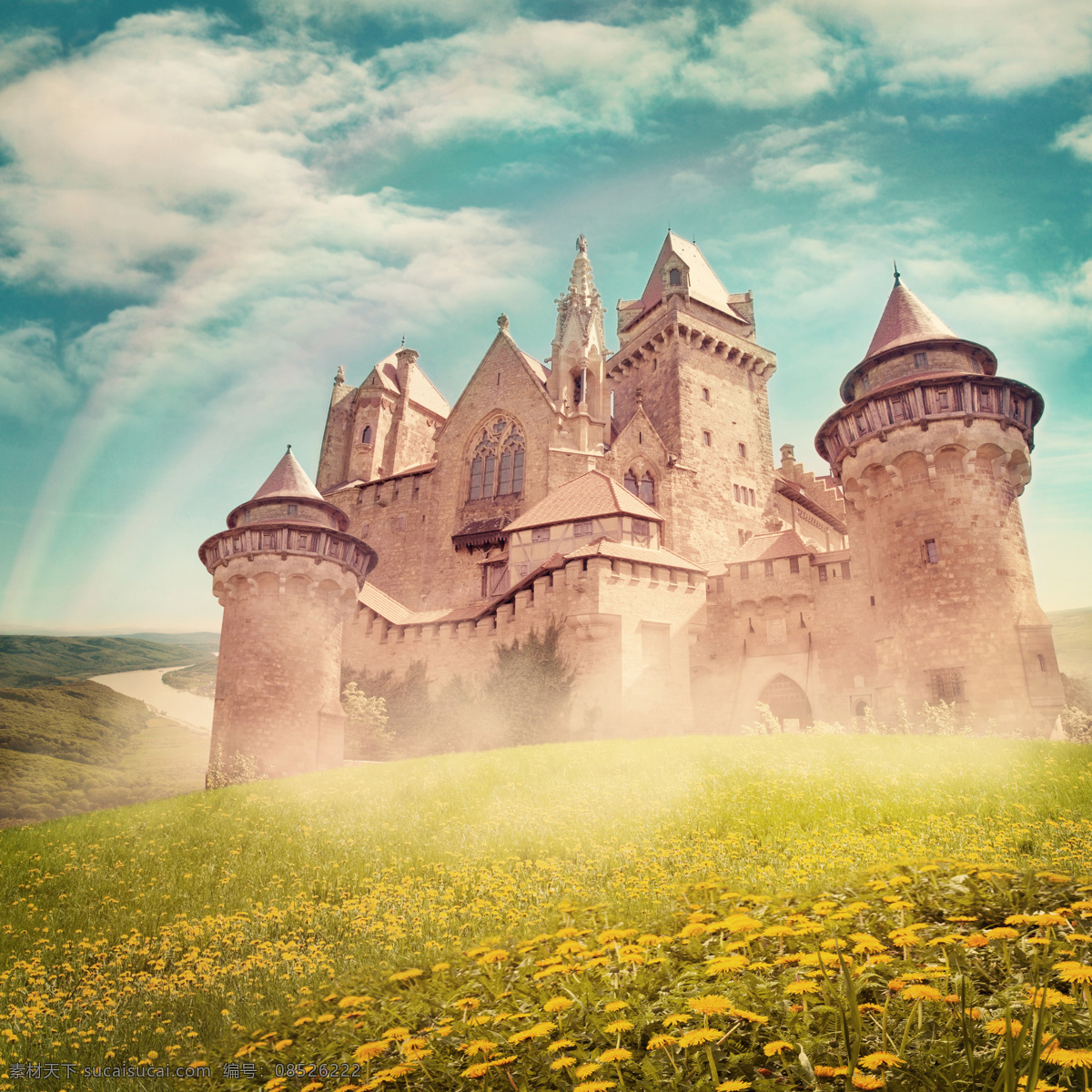 唯美 城堡 唯美的城堡 草地 欧式建筑 彩虹 城堡图片 风景图片