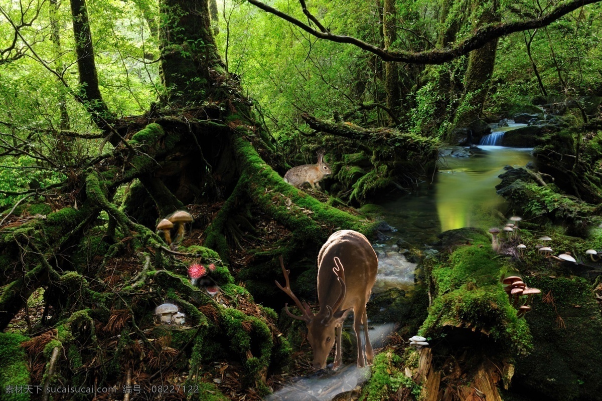 森林合成 森林 蘑菇 兔子 原始森林 小溪 分层