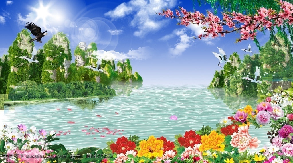 山水风景画 山水风景 风景 花草 自然景观 自然风光 海岛 蓝色 蓝天 白云 风光 仙鹤 迎客松 蝴蝶 桃花 蓝天白云 小岛 山水画 风景画 牡丹花 psd素材 分层 风景类 源文件
