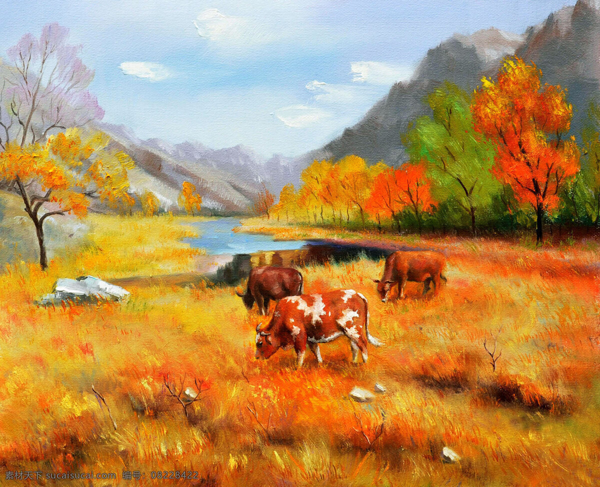 草地 黄牛 绘画 绘画书法 美术 秋天 树木 金色牧歌 油画 山野 溪水 油画艺术 油画作品15 文化艺术