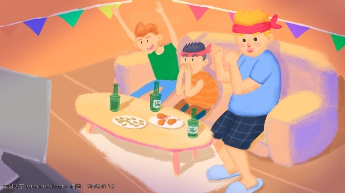 好 兄弟 晚上 看 球 喝 啤酒 插画 世界杯 看球 喝啤酒 聚会 原创插画 聚会看球 球迷聚会 晚上看球