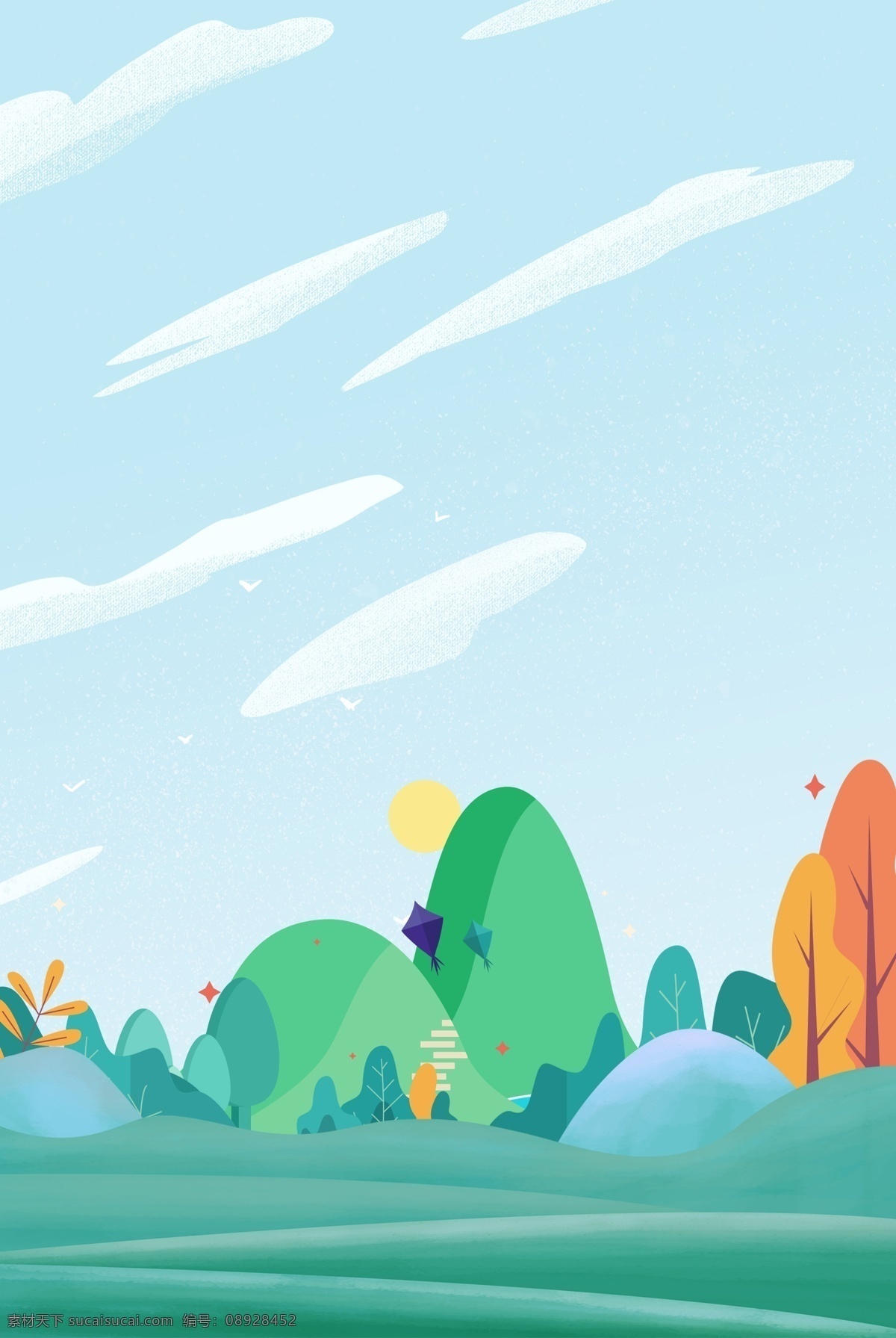 春季 风景 创意 背景 合成 绿色 小清新 花草 绿山 简约 卡通 自然风景