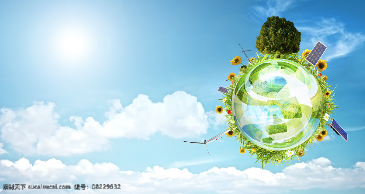 环保 概念 创意 地球 蓝天白云 草原 绿草 树木 风车 太阳能 风力发电 节能 能源 循环标 环保海报 创意图片 高清图片 其他类别 环境家居