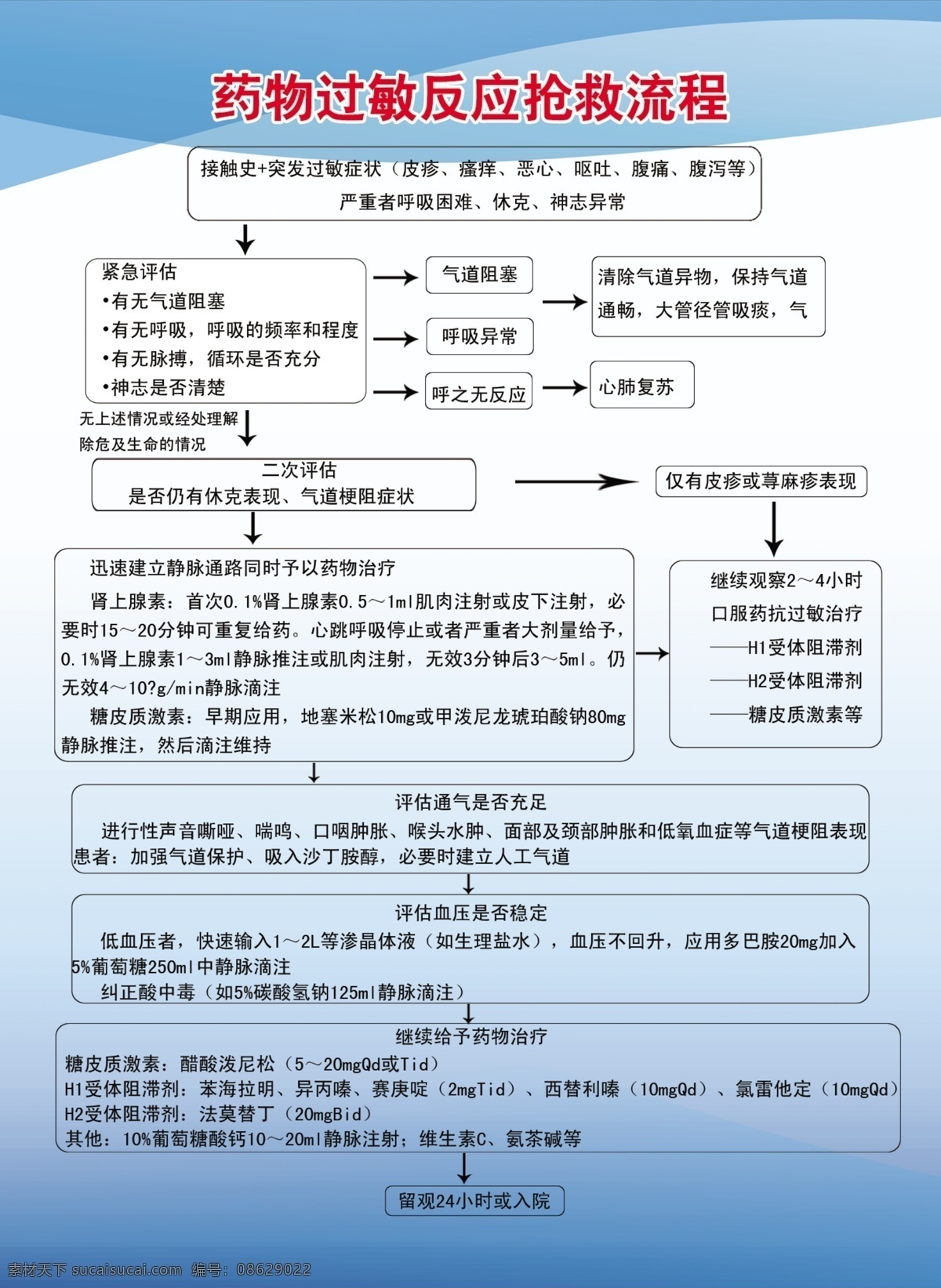 药物 过敏 反应 抢救 流程 蓝色背景 流程图 药物过敏 抢救流程 社区单位