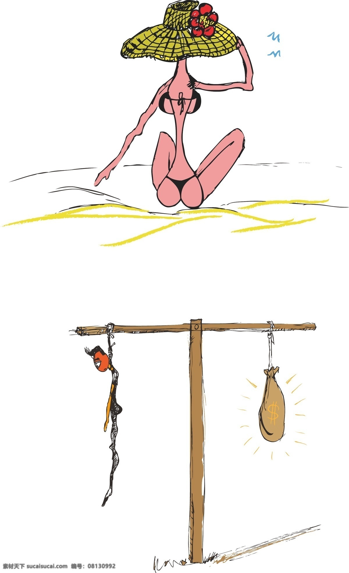 漫画哲学人物 生活小品 漫画 瘦瘦的女孩 夸张 天平的哲学 吊着的男孩 戴着帽子 背影 生活百科 休闲娱乐 矢量图库