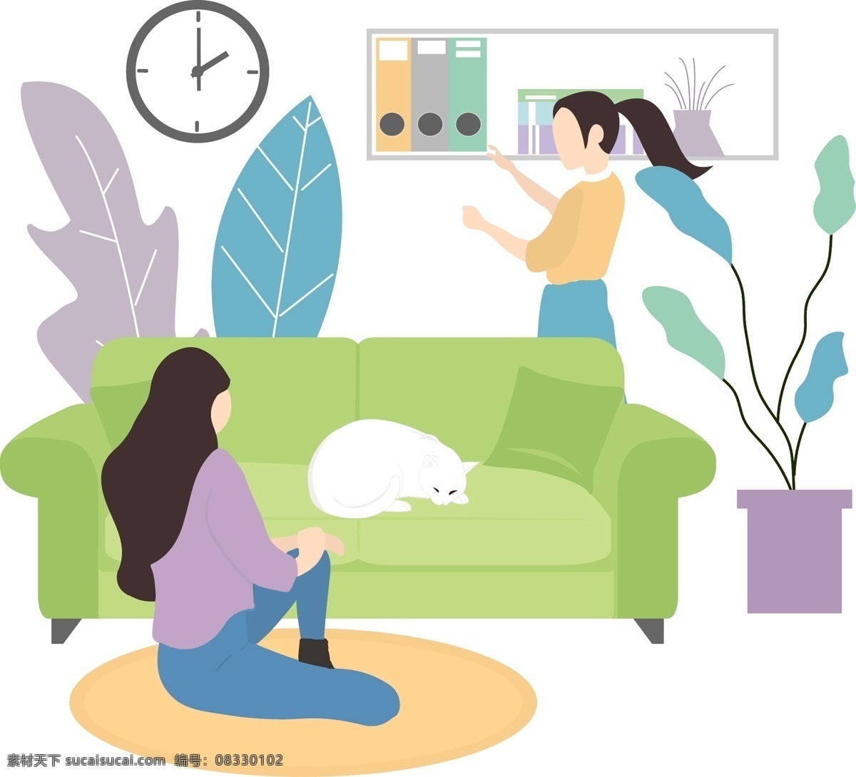 卡通 插画 风正 交谈 女子 沟通 交流 沙发 盆栽 坐在 地毯 上 女人 站着的女人 长发女人