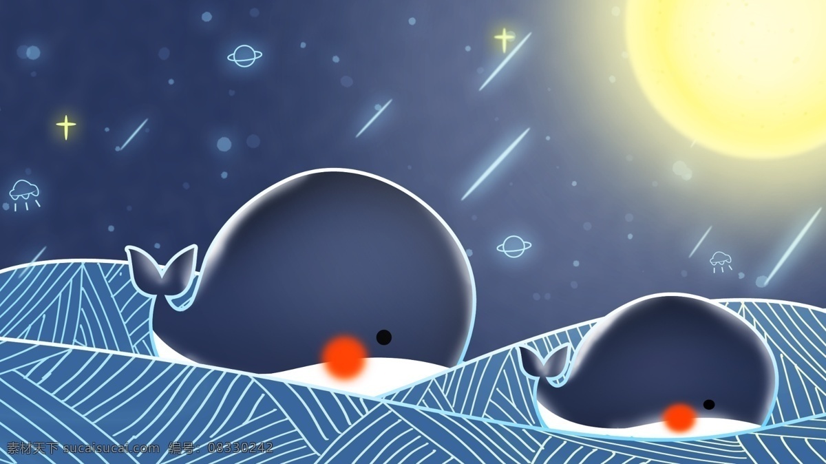 原创 手绘 插画 流光溢彩 原创手绘插画 月亮 海 鲸鱼