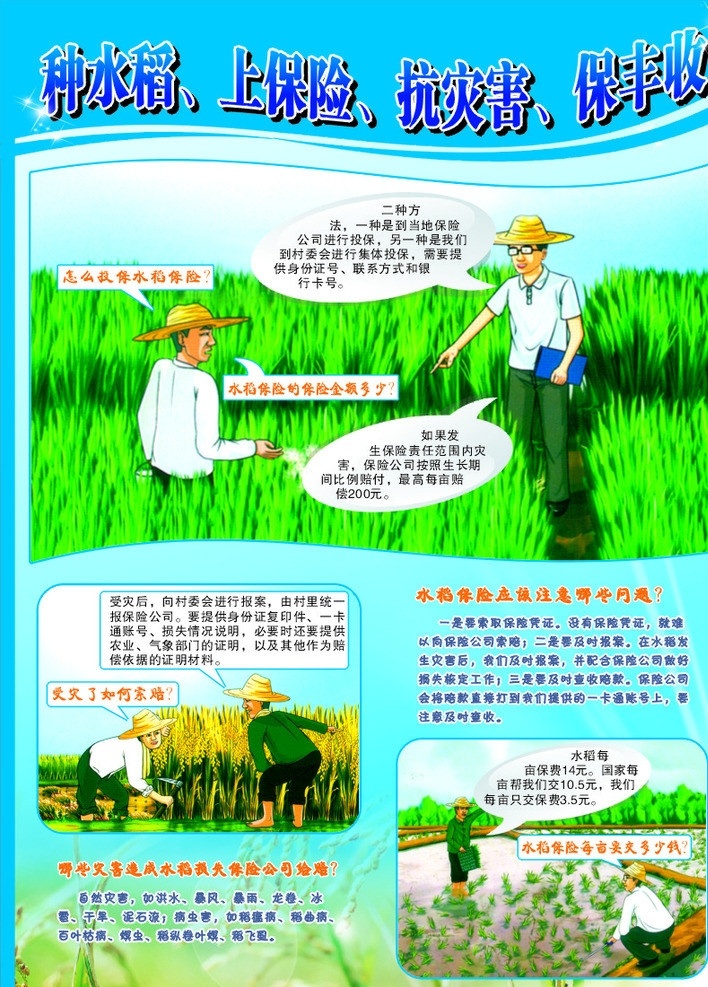 农业保险海报 水稻 海报 农民 对话 卡通 矢量