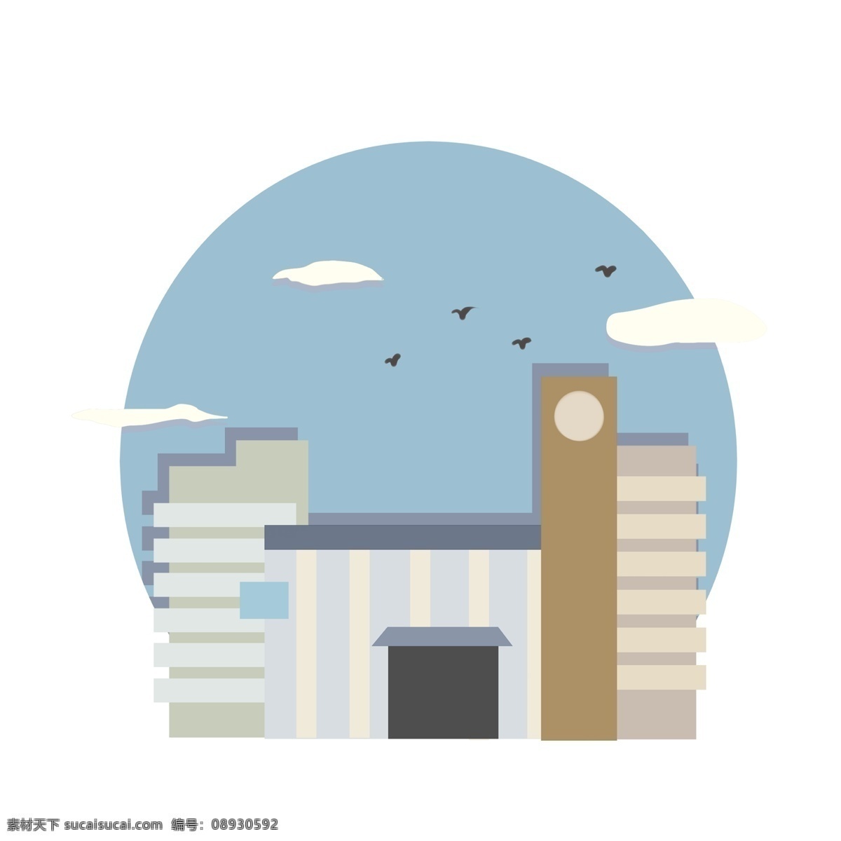 手绘 城市 地标 大庆 插画 黑色的小鸟 蓝蓝的天空 卡通插画 手绘地标插画 创意建筑插画 白色的楼房