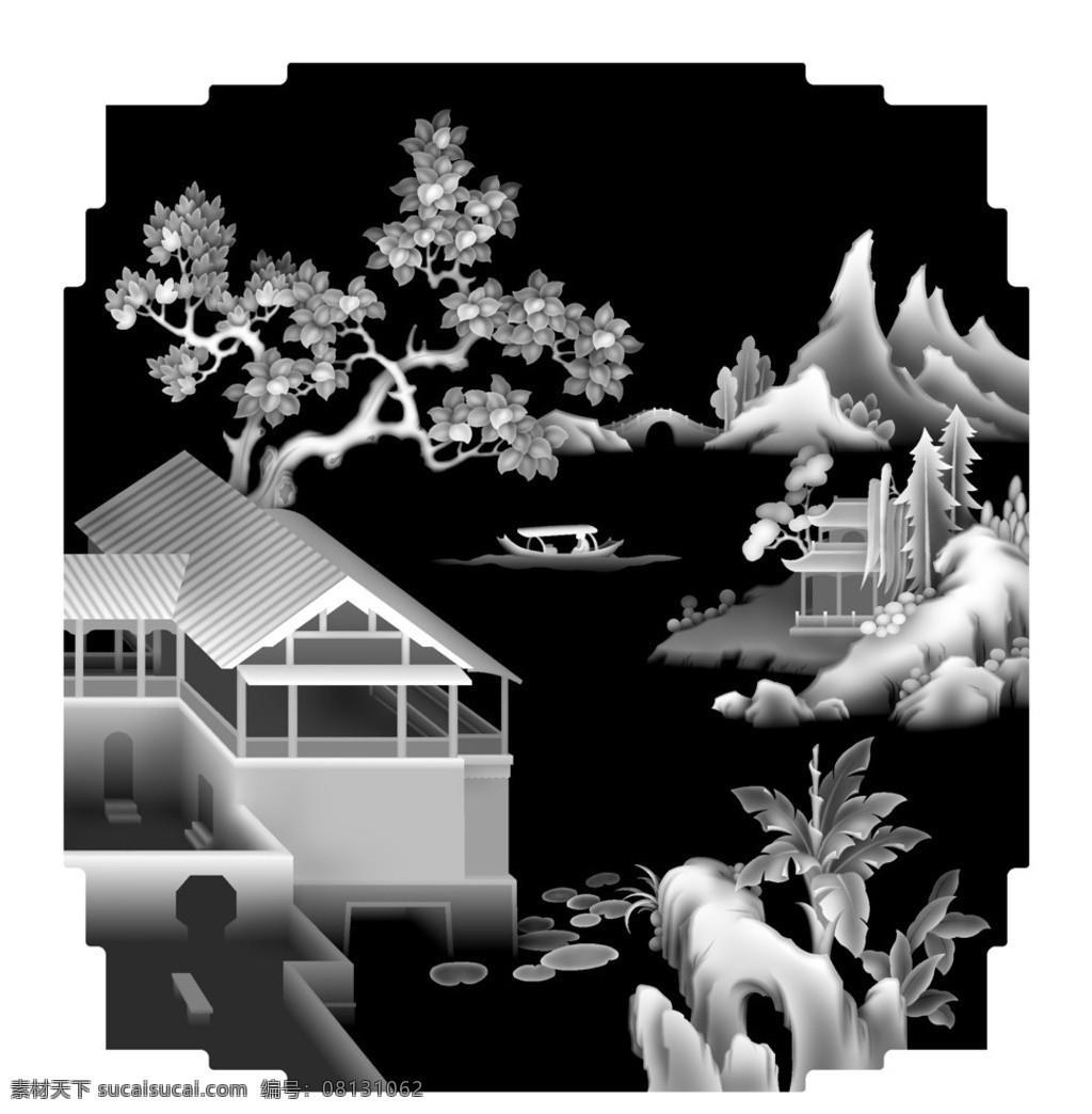 山水 灰度图 精雕图 树 凉亭 传统文化 文化艺术 bmp