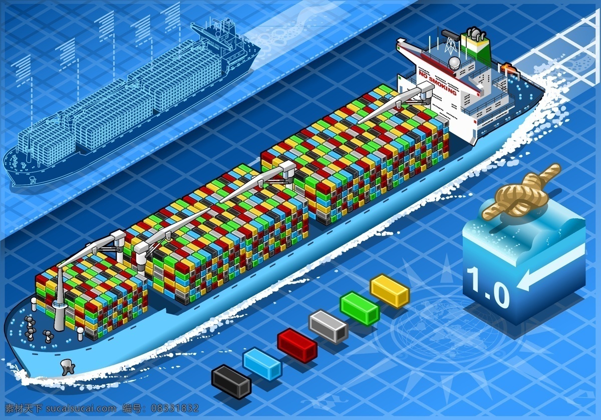 运输船 等距 交通工具 矢量 长款 蓝色 汽车 零部件 卡通3d 卡车 商业 海报 插画