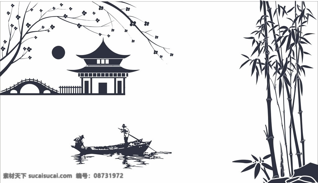日式 亭台楼阁 竹子 石头 简化图 图案 画 失量 墙面印花 贴纸 自然景观 建筑园林