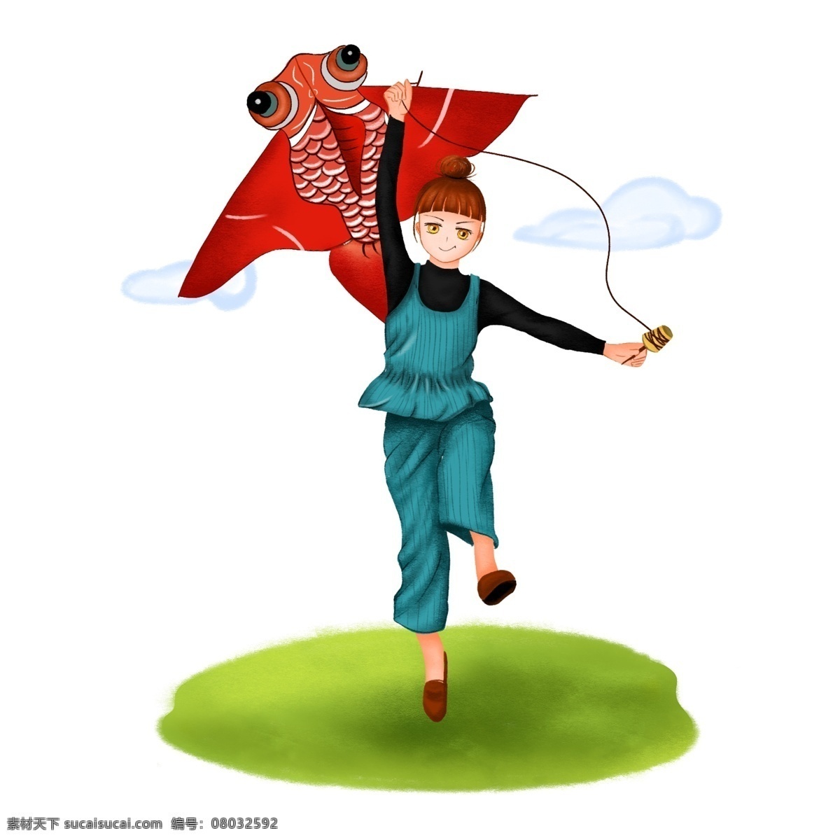 草地 上 放风筝 女孩 风筝 白云 云 奔跑的女孩 放风筝的女孩 红色金鱼 红色金鱼风筝 红色风筝