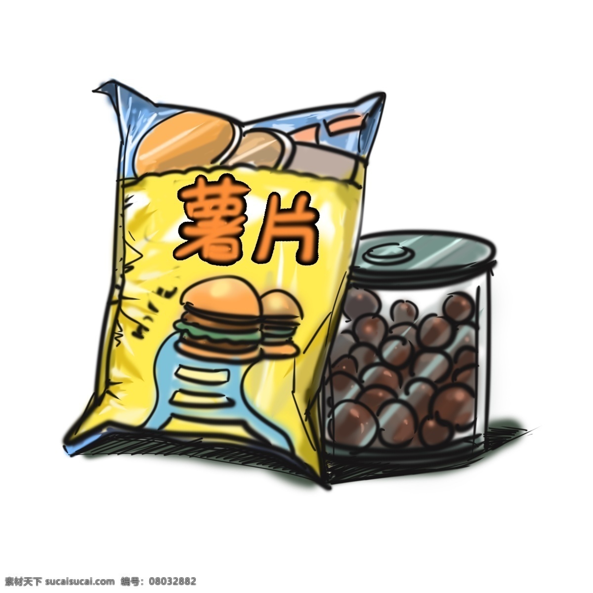 零食 主题 薯片 巧克力 卡通 手绘 汉堡口味 黄色包装 巧克力豆 罐装可可豆 美食 卡通风格 插画手绘
