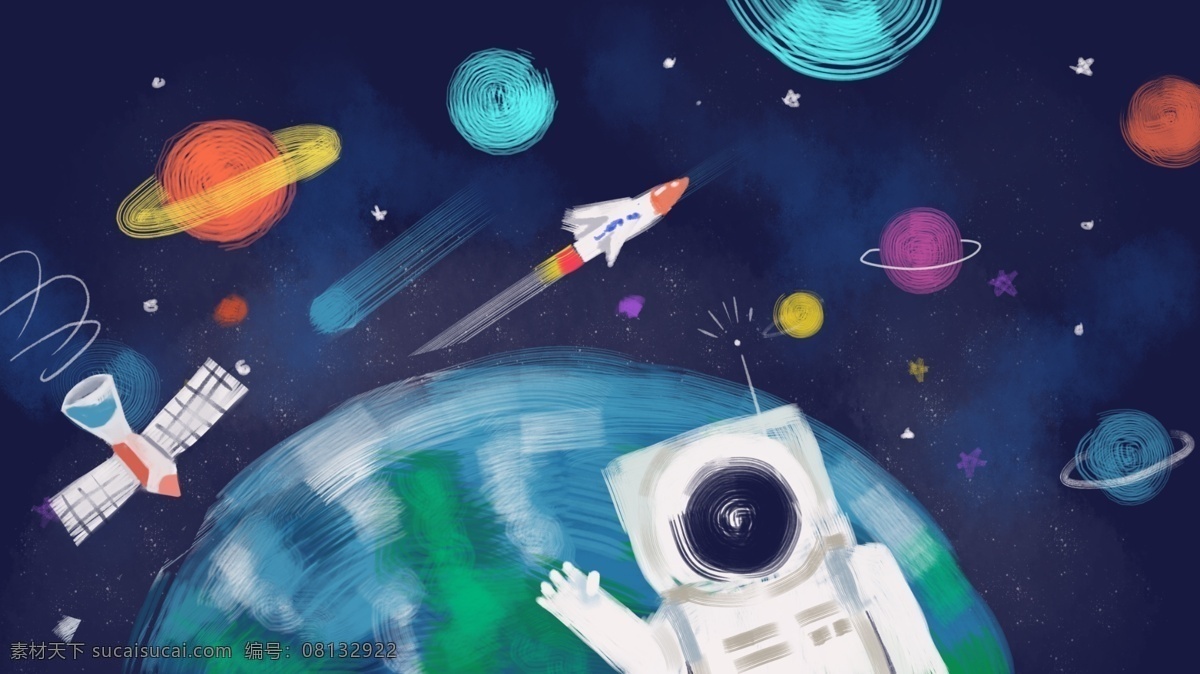 科学 漫游 太空 科技 涂鸦 线条 风格 原 手绘 星星 插画 壁纸 星球 卫星 火箭 宇航员 彗星 地球 原创 插画插图 插图 微博配图 微信配图 公众号配图 手机壁纸