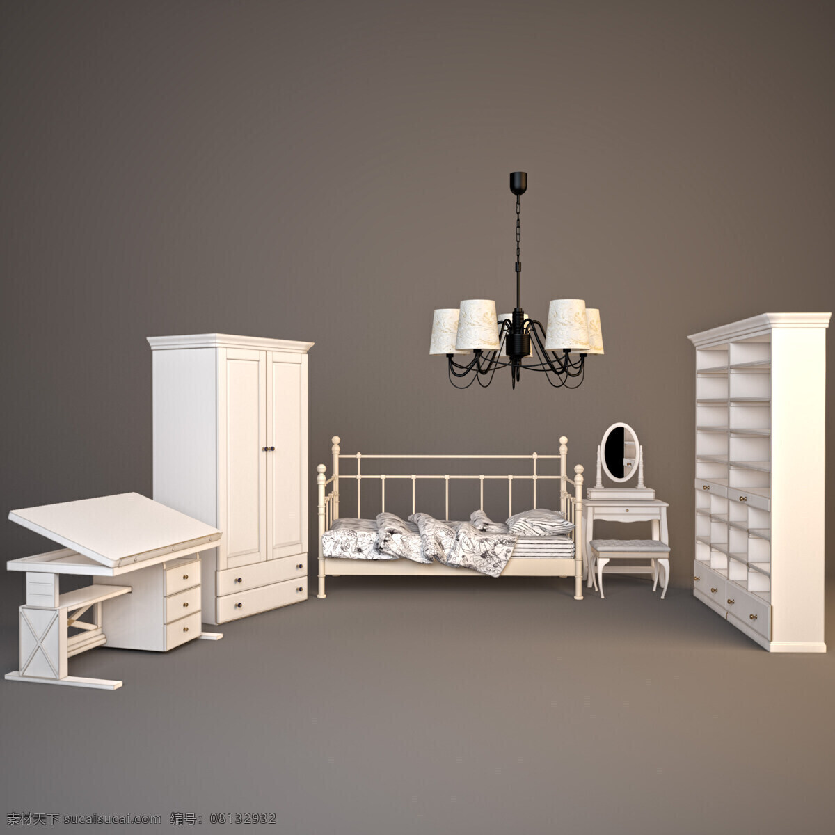 3d 渲染 简约 儿童 卧室 吊灯 床 衣柜 3d渲染 模型 电脑桌 装饰柜