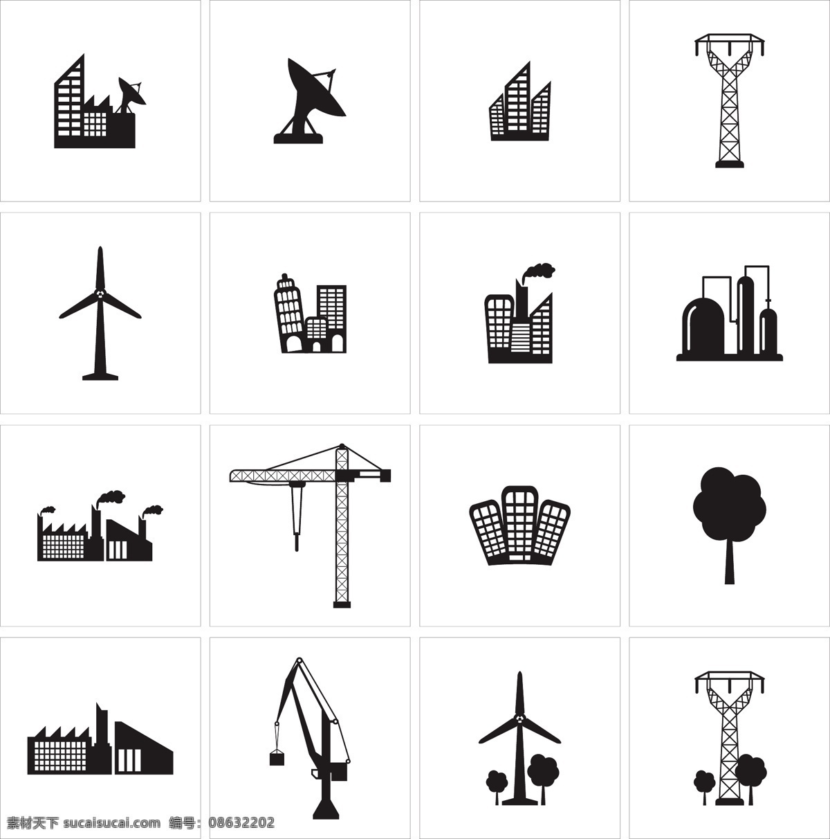 黑色 白色 普通 建筑 图标 集 电塔 风力发电 工厂 起重机 黑色和白色 常见的图标 接收器 矢量图 其他矢量图