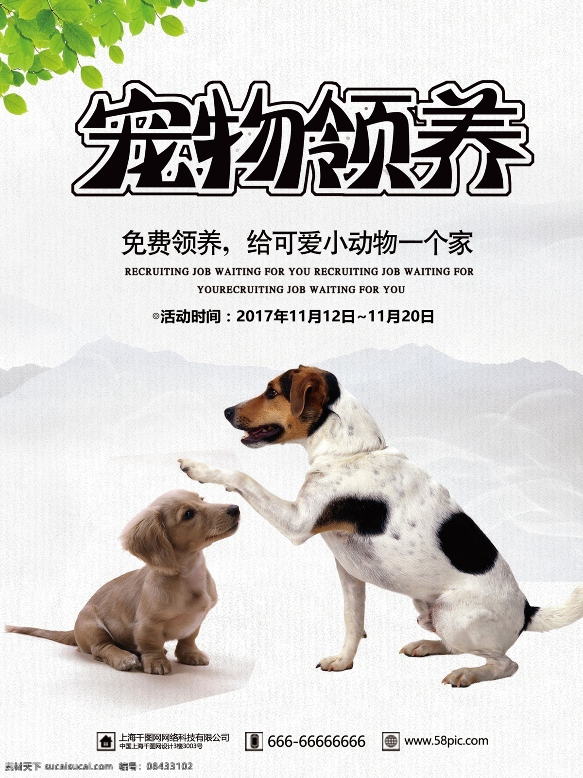 简约 中国 风 宠物 收养 海报 中国风 宠物收养 狗狗 绿叶